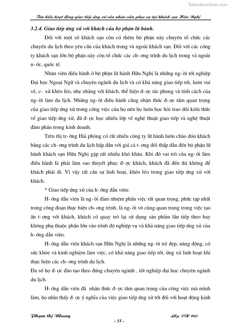 Khóa luận tốt nghiệp văn hóa du lịch Tìm hiểu hoạt động giao tiếp ứng xử của nhân viên phục vụ tại khách sạn Hữu Nghị - 10 Trang 55