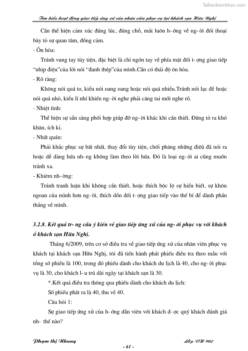 Khóa luận tốt nghiệp văn hóa du lịch Tìm hiểu hoạt động giao tiếp ứng xử của nhân viên phục vụ tại khách sạn Hữu Nghị - 11 Trang 61