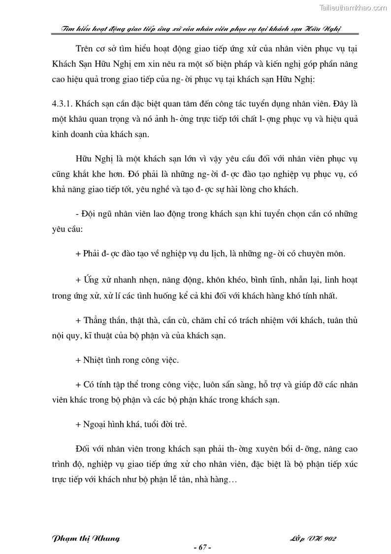 Khóa luận tốt nghiệp văn hóa du lịch Tìm hiểu hoạt động giao tiếp ứng xử của nhân viên phục vụ tại khách sạn Hữu Nghị - 12 Trang 67