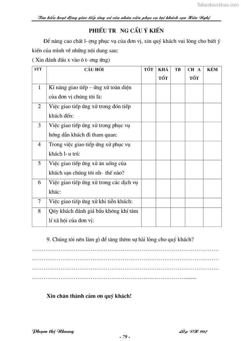 Khóa luận tốt nghiệp văn hóa du lịch Tìm hiểu hoạt động giao tiếp ứng xử của nhân viên phục vụ tại khách sạn Hữu Nghị - 14 Trang 79