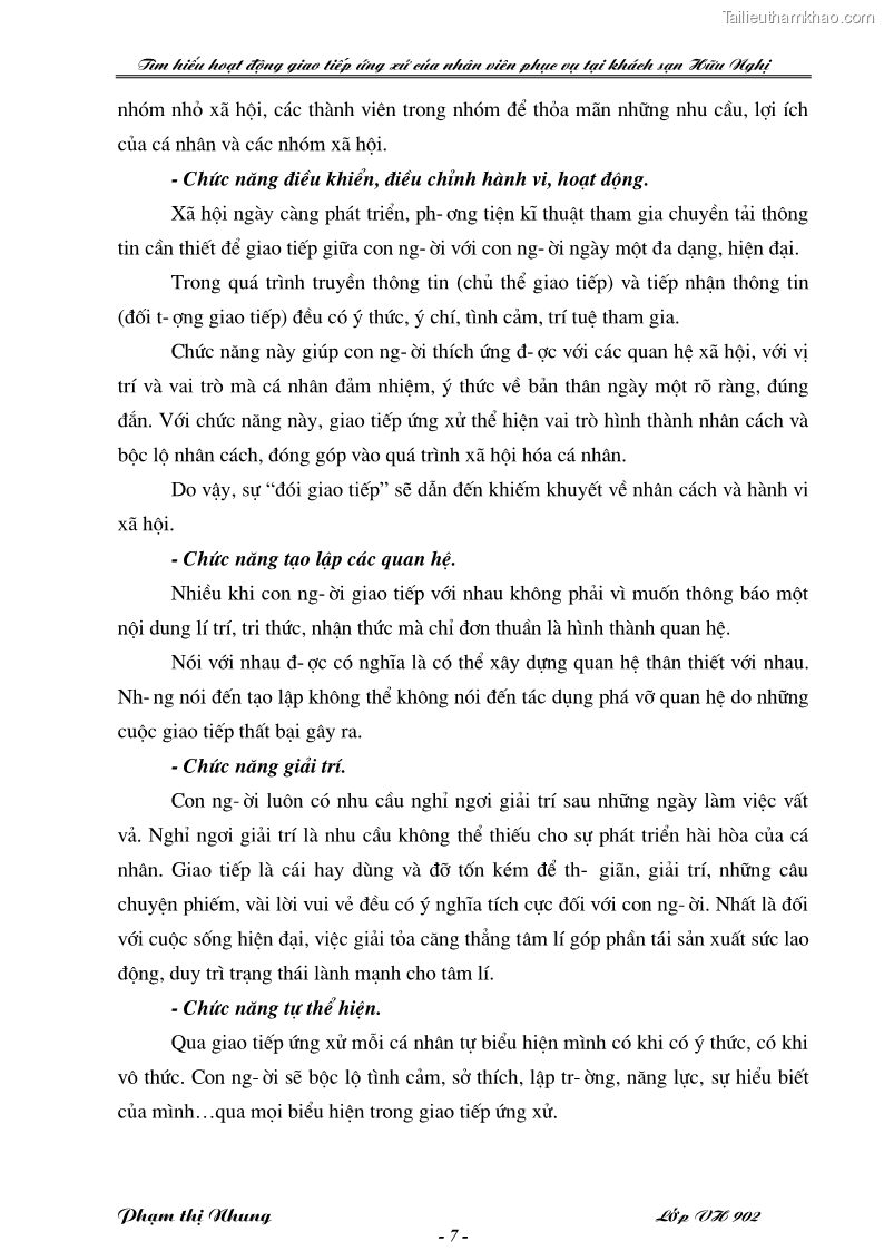 Khóa luận tốt nghiệp văn hóa du lịch Tìm hiểu hoạt động giao tiếp ứng xử của nhân viên phục vụ tại khách sạn Hữu Nghị - 2 Trang 7