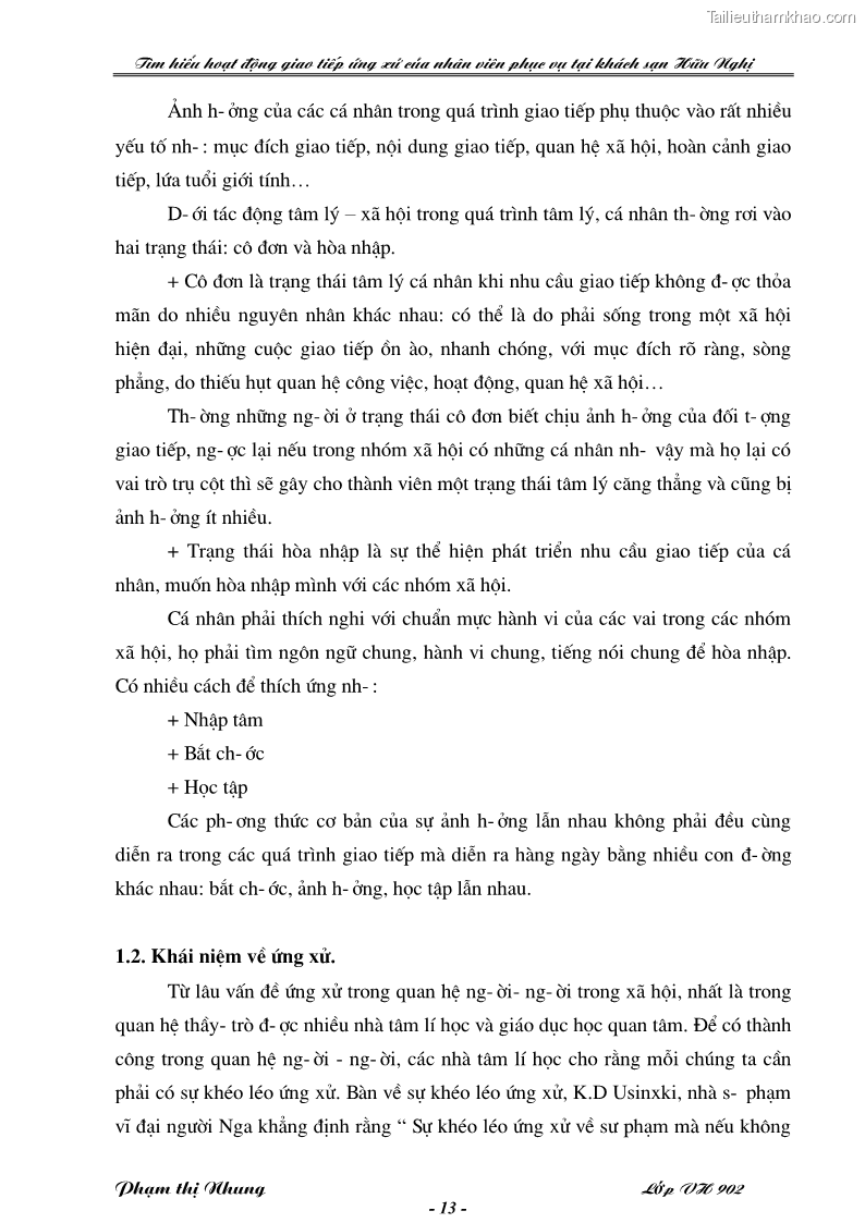 Khóa luận tốt nghiệp văn hóa du lịch Tìm hiểu hoạt động giao tiếp ứng xử của nhân viên phục vụ tại khách sạn Hữu Nghị - 3 Trang 13
