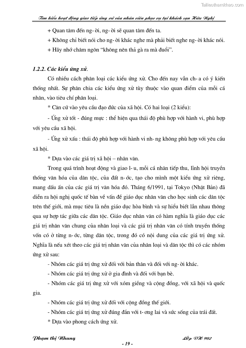 Khóa luận tốt nghiệp văn hóa du lịch Tìm hiểu hoạt động giao tiếp ứng xử của nhân viên phục vụ tại khách sạn Hữu Nghị - 4 Trang 19