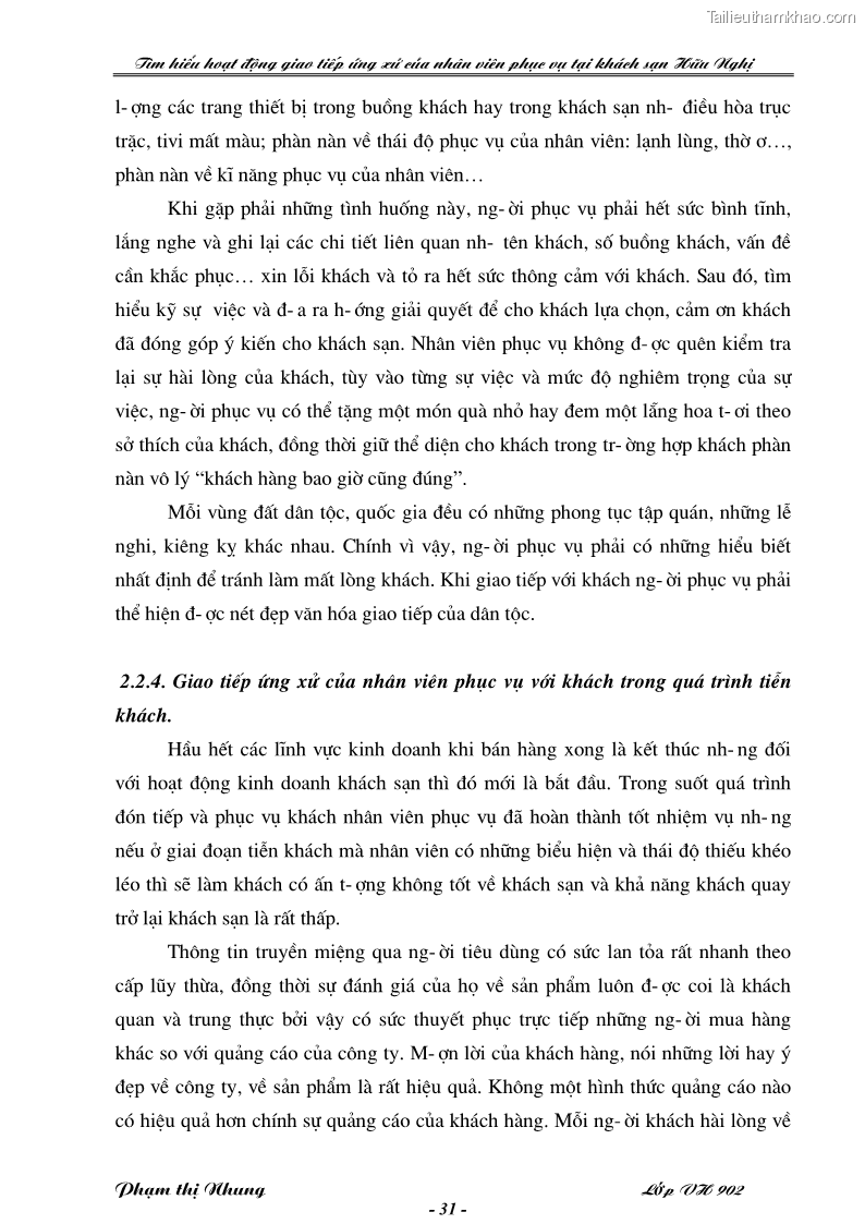 Khóa luận tốt nghiệp văn hóa du lịch Tìm hiểu hoạt động giao tiếp ứng xử của nhân viên phục vụ tại khách sạn Hữu Nghị - 6 Trang 31
