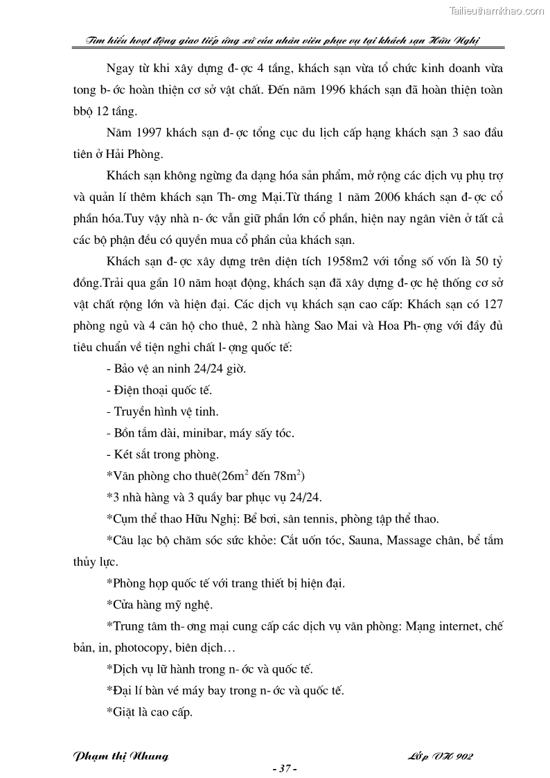 Khóa luận tốt nghiệp văn hóa du lịch Tìm hiểu hoạt động giao tiếp ứng xử của nhân viên phục vụ tại khách sạn Hữu Nghị - 7 Trang 37