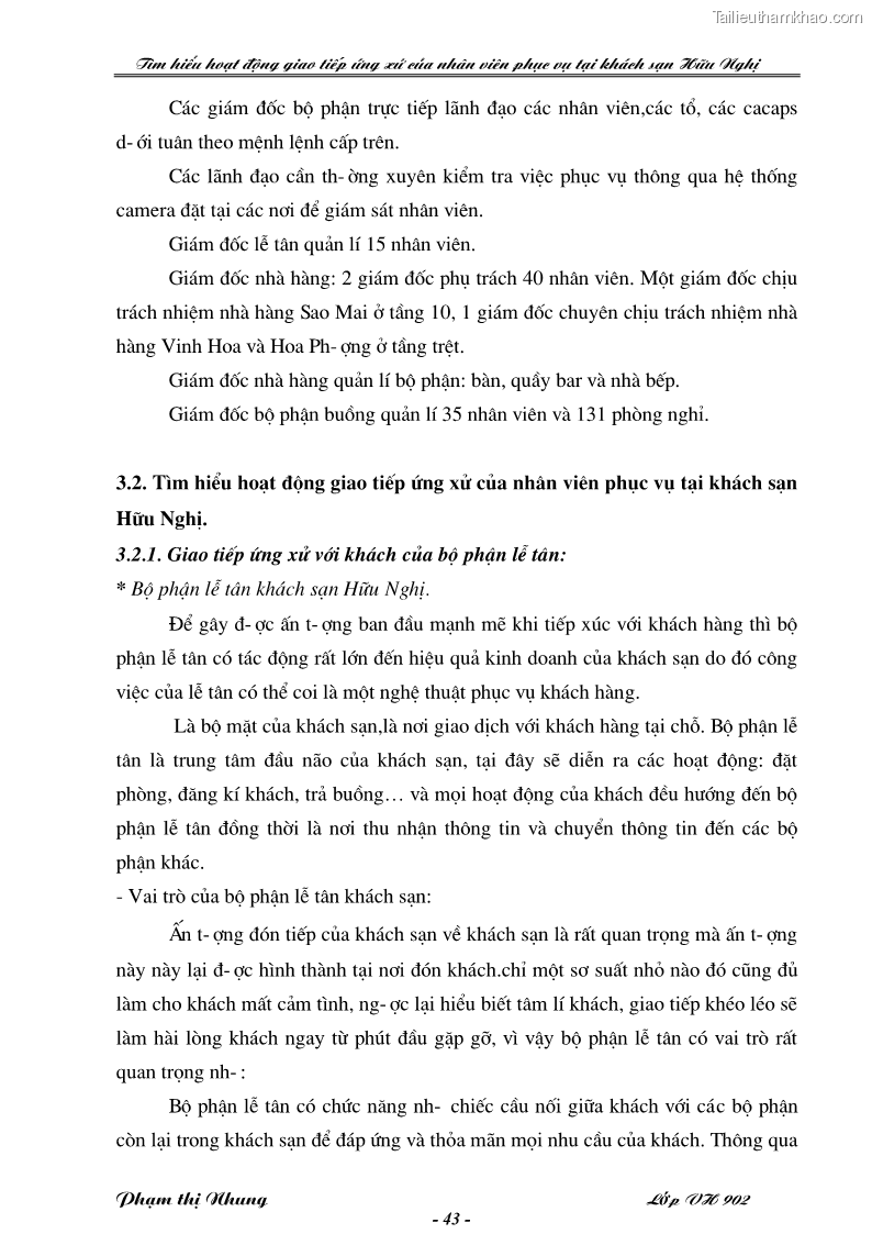Khóa luận tốt nghiệp văn hóa du lịch Tìm hiểu hoạt động giao tiếp ứng xử của nhân viên phục vụ tại khách sạn Hữu Nghị - 8 Trang 43