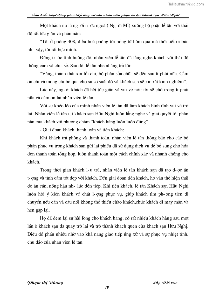 Khóa luận tốt nghiệp văn hóa du lịch Tìm hiểu hoạt động giao tiếp ứng xử của nhân viên phục vụ tại khách sạn Hữu Nghị - 9 Trang 49