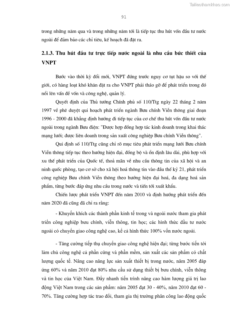 Luận án tiến sĩ kinh tế Bảo đảm lợi ích của bên Việt Nam trong thu hút và quản lý đầu tư trực tiếp nước ngoài ở Tổng công ty Bưu chính Viễn thông Việt Nam - 16 Trang 91