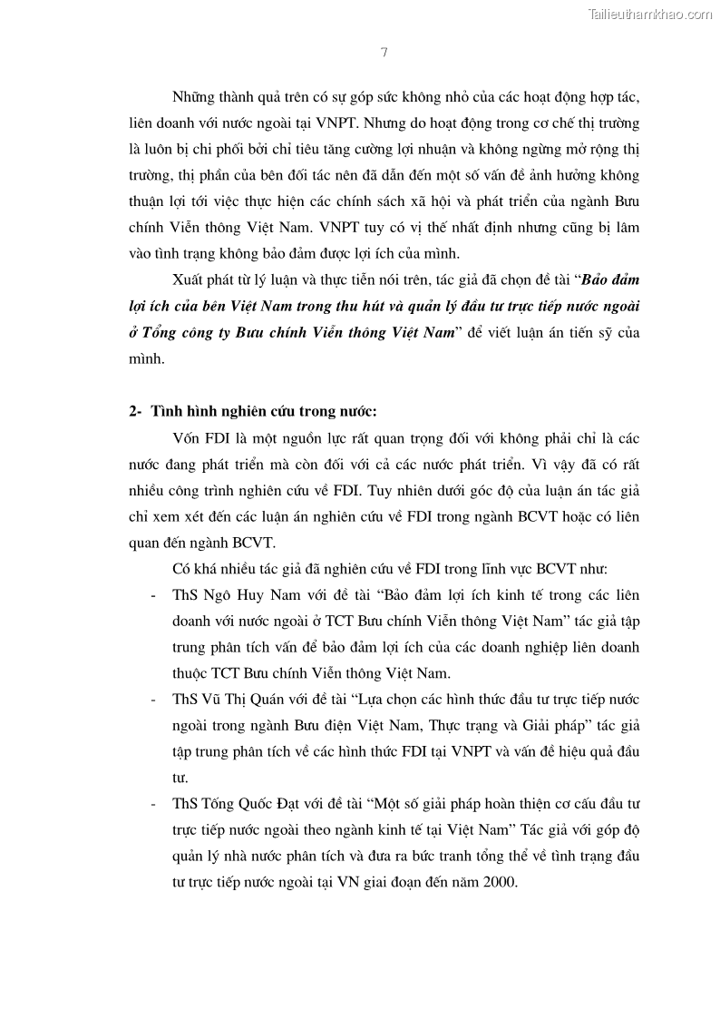 Luận án tiến sĩ kinh tế Bảo đảm lợi ích của bên Việt Nam trong thu hút và quản lý đầu tư trực tiếp nước ngoài ở Tổng công ty Bưu chính Viễn thông Việt Nam - 2 Trang 7