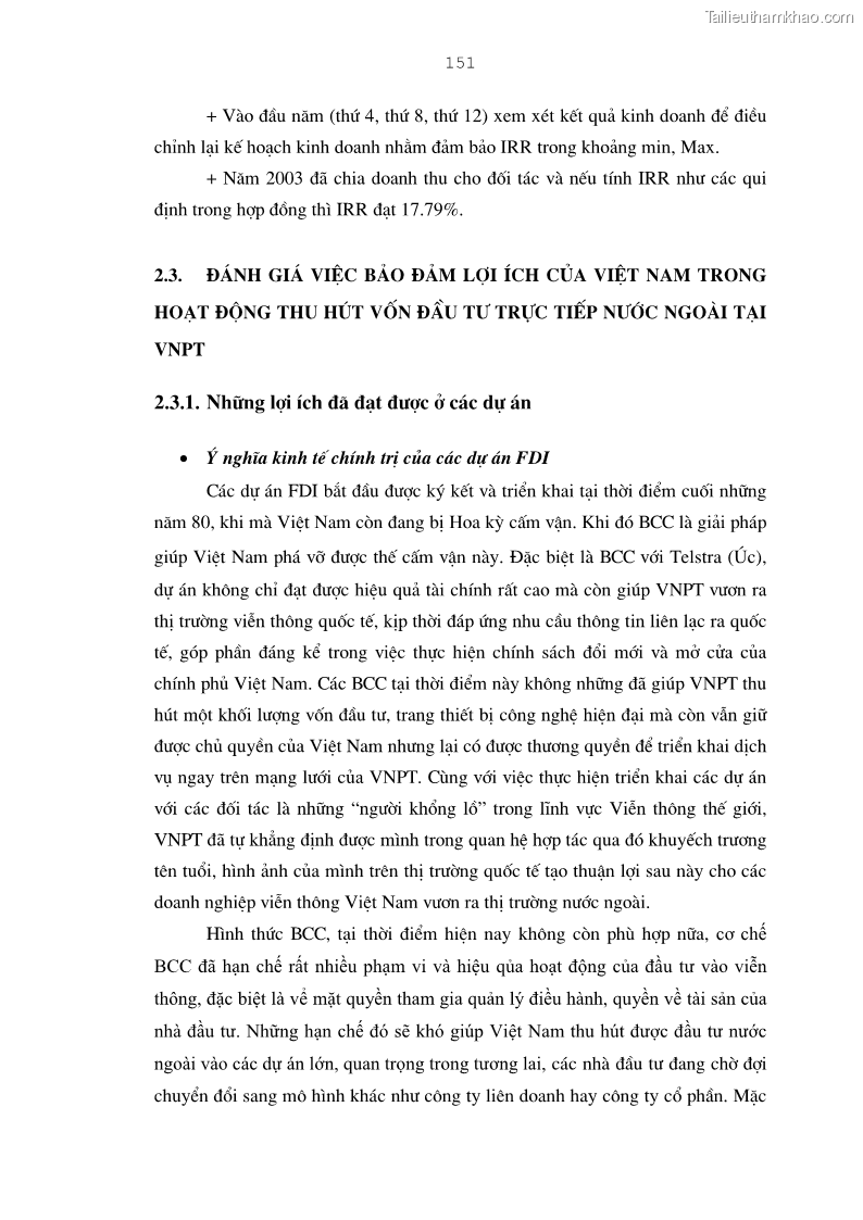Luận án tiến sĩ kinh tế Bảo đảm lợi ích của bên Việt Nam trong thu hút và quản lý đầu tư trực tiếp nước ngoài ở Tổng công ty Bưu chính Viễn thông Việt Nam - 26 Trang 151