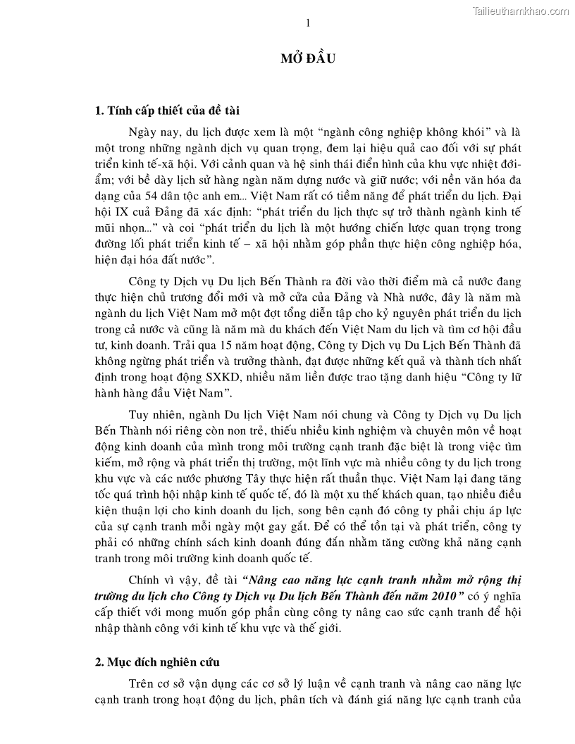 Luận văn thạc sĩ Nâng cao năng lực cạnh tranh nhằm mở rộng thị trường du lịch cho Công ty Dịch vụ Du lịch Bến Thành đến năm 2010 - 1 Trang 1
