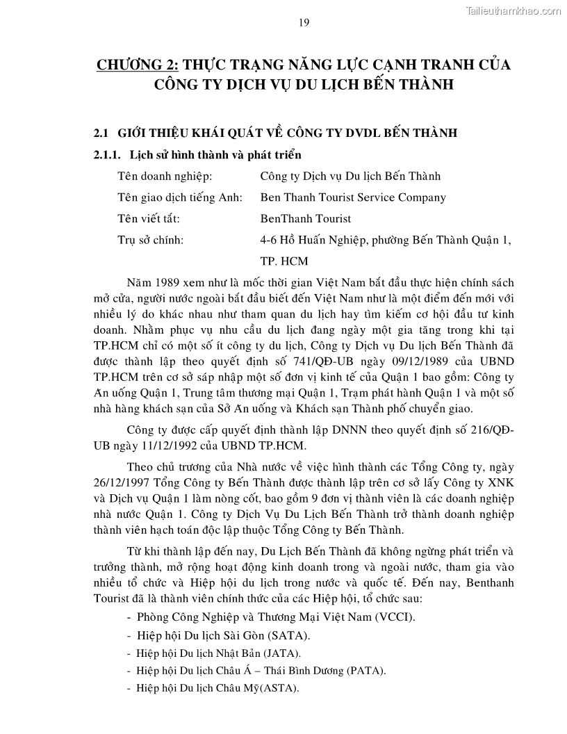 Luận văn thạc sĩ Nâng cao năng lực cạnh tranh nhằm mở rộng thị trường du lịch cho Công ty Dịch vụ Du lịch Bến Thành đến năm 2010 - 4 Trang 19