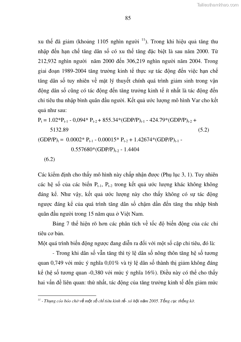 Luận án tiến sĩ kinh tế Hệ thống mô hình đánh giá sự phù hợp của quá trình phát triển dân số - kinh tế Việt Nam - 15 Trang 85