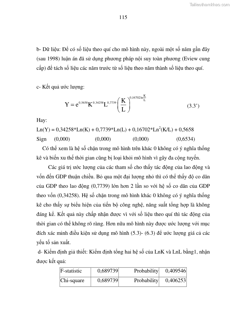 Luận án tiến sĩ kinh tế Hệ thống mô hình đánh giá sự phù hợp của quá trình phát triển dân số - kinh tế Việt Nam - 20 Trang 115