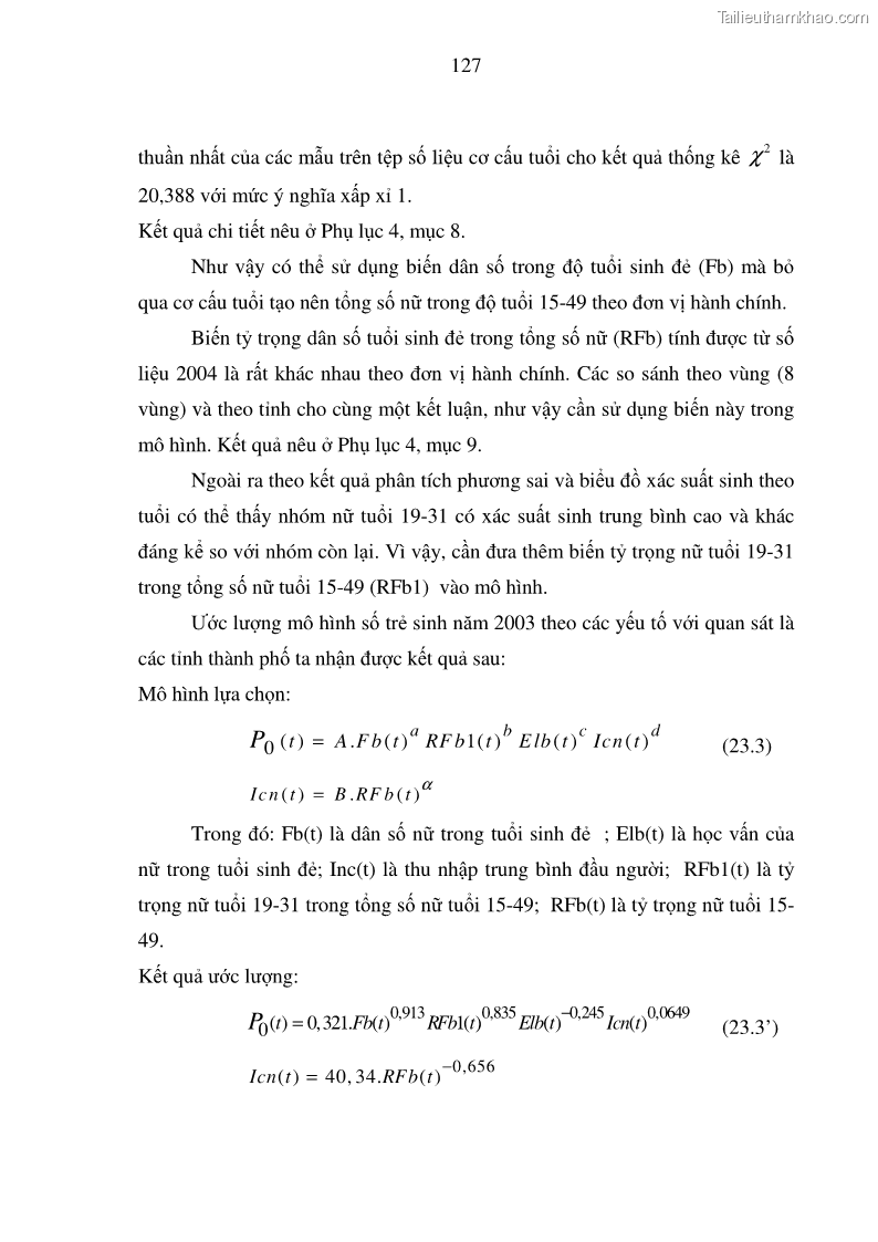 Luận án tiến sĩ kinh tế Hệ thống mô hình đánh giá sự phù hợp của quá trình phát triển dân số - kinh tế Việt Nam - 22 Trang 127