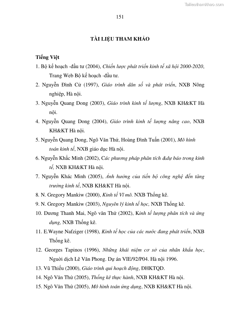 Luận án tiến sĩ kinh tế Hệ thống mô hình đánh giá sự phù hợp của quá trình phát triển dân số - kinh tế Việt Nam - 26 Trang 151