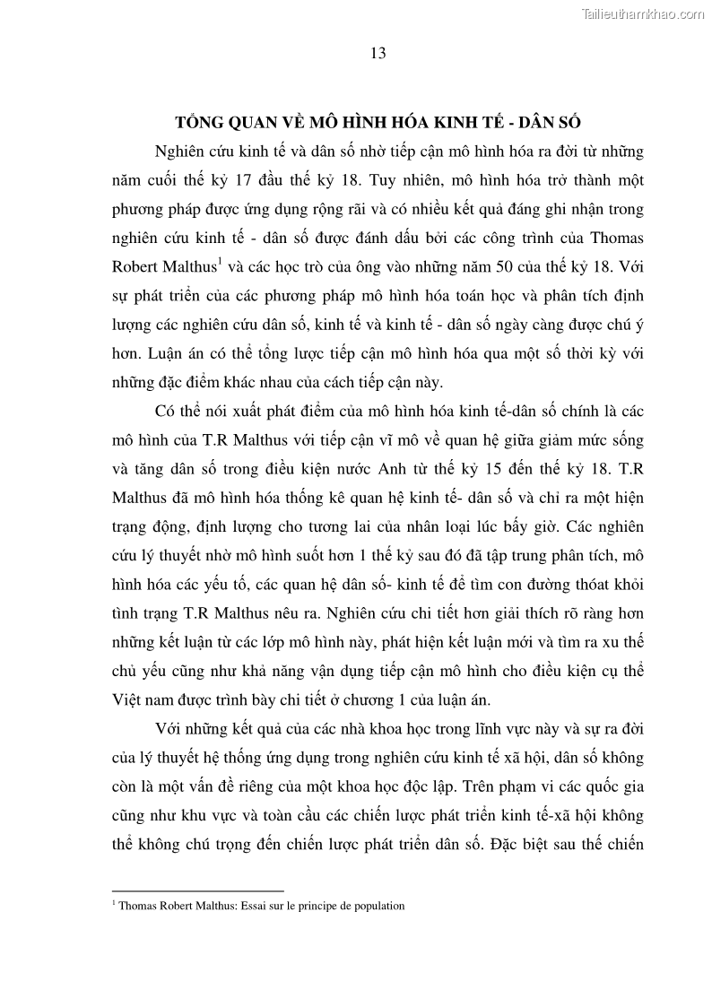 Luận án tiến sĩ kinh tế Hệ thống mô hình đánh giá sự phù hợp của quá trình phát triển dân số - kinh tế Việt Nam - 3 Trang 13