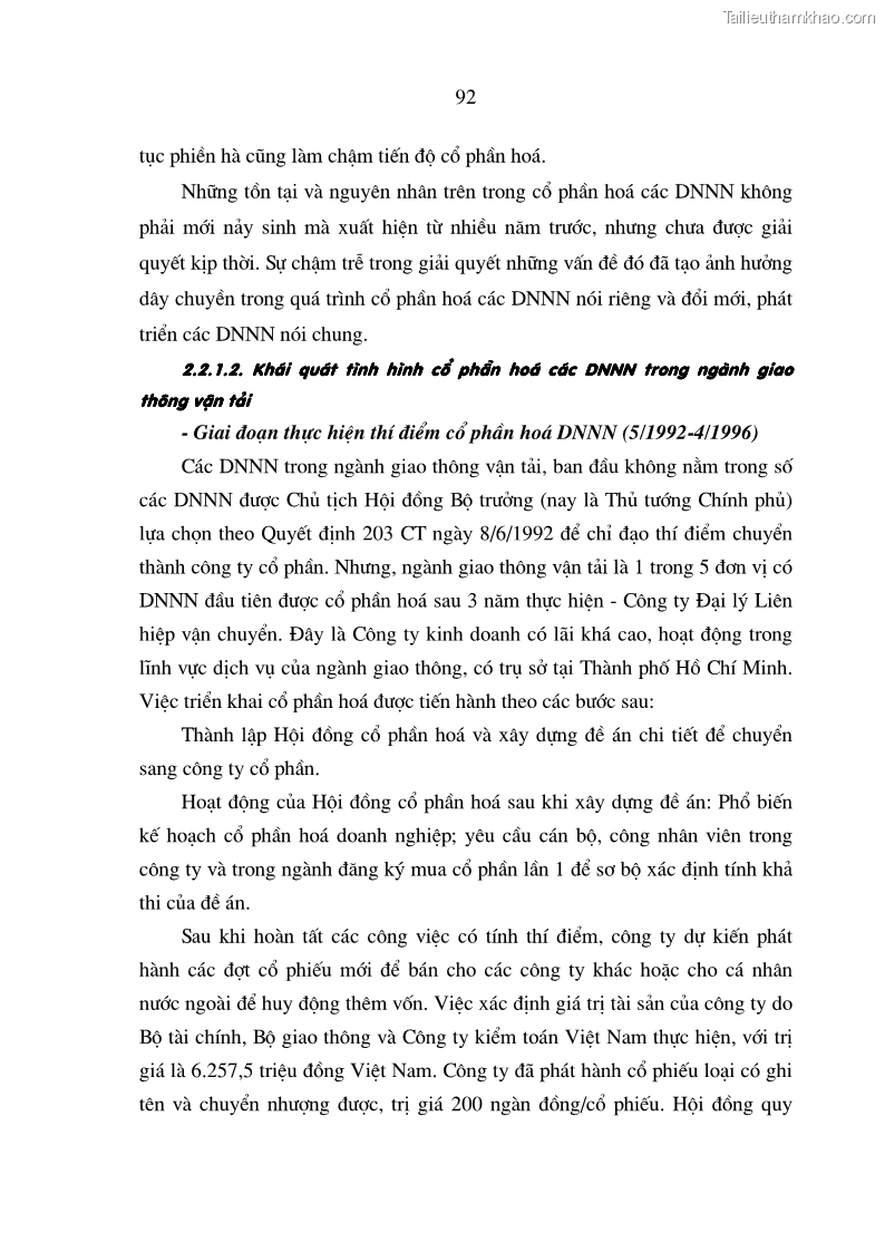 Luận án tiến sĩ kinh tế: cổ phần hóa Những vấn đề lý luận và thực tiễn sau cổ phần hóa các doanh nghiệp nhà nước trong ngành giao thông vận tải ở Việt Nam lấy ví dụ trong ngành giao thông vận tải - 16 Trang 91
