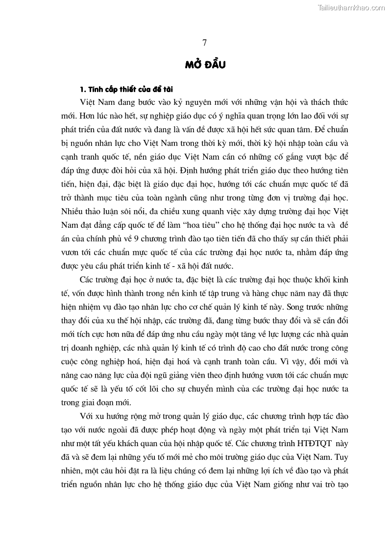 Luận án tiến sĩ kinh tế Đào tạo và phát triển nguồn nhân lực trong các trường Đại học khối Kinh tế của Việt Nam thông qua các chương trình hợp tác đào tạo quốc tế - 2 Trang 7