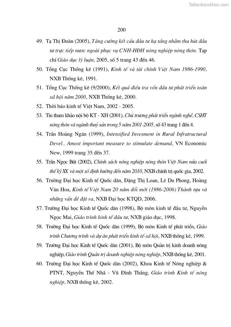 Luận án tiến sĩ kinh tế Định hướng đổi mới đầu tư phát triển cơ sở hạ tầng phục vụ sản xuất nông nghiệp nước ta trong thời kỳ công nghiệp hóa hiện đại hóa - 34 Trang 199