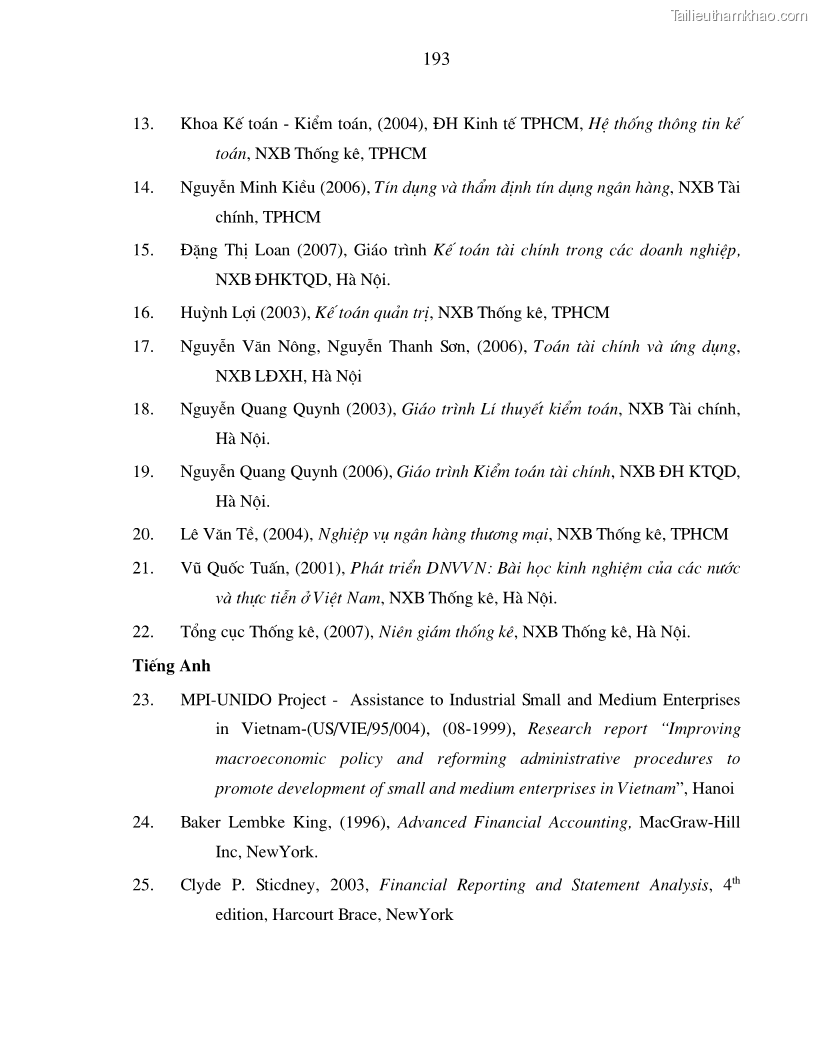 Luận án tiến sĩ kinh tế Hoàn thiện kiểm tra và phân tích báo cáo tài chính với việc tăng cường quản trị tài chính trong các doanh nghiệp vừa và nhỏ ở Việt Nam - 34 Trang 199