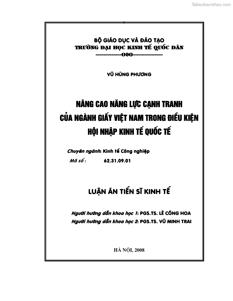 Luận án tiến sĩ kinh tế Nâng cao năng lực cạnh tranh của ngành giấy Việt Nam trong điều kiện hội nhập kinh tế quốc tế - 1 Trang 1