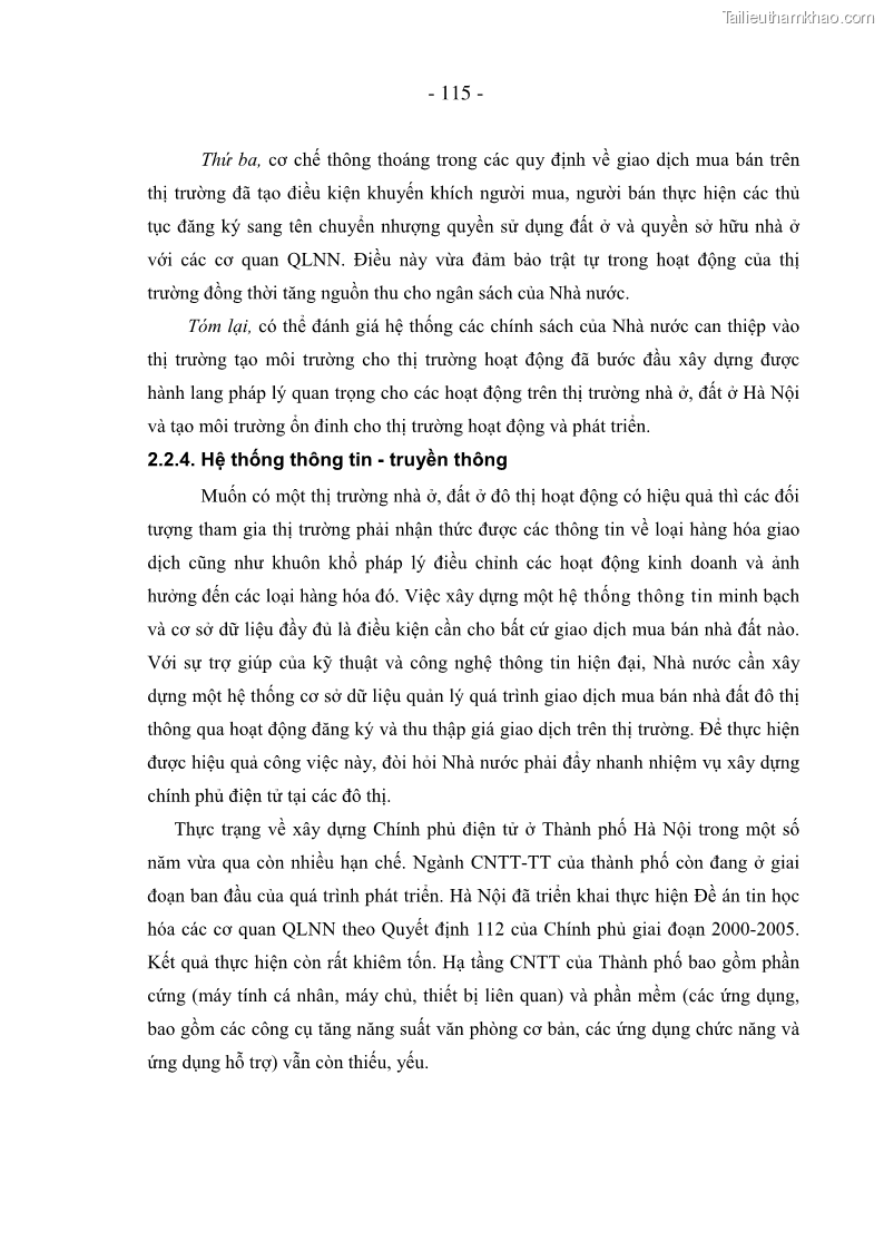 Luận án tiến sĩ kinh tế Nâng cao năng lực quản lý nhà nước đối với thị trường nhà ở, đất ở đô thị áp dụng tại Hà Nội - 20 Trang 115