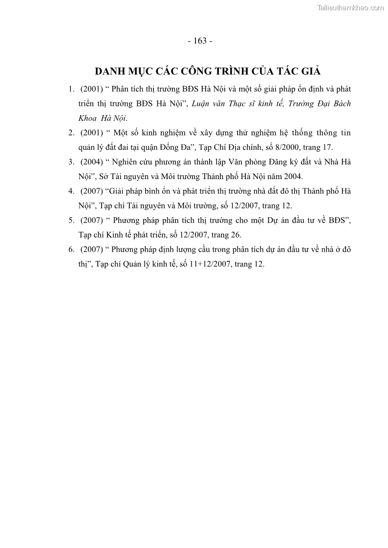 Luận án tiến sĩ kinh tế Nâng cao năng lực quản lý nhà nước đối với thị trường nhà ở, đất ở đô thị áp dụng tại Hà Nội - 28 Trang 163