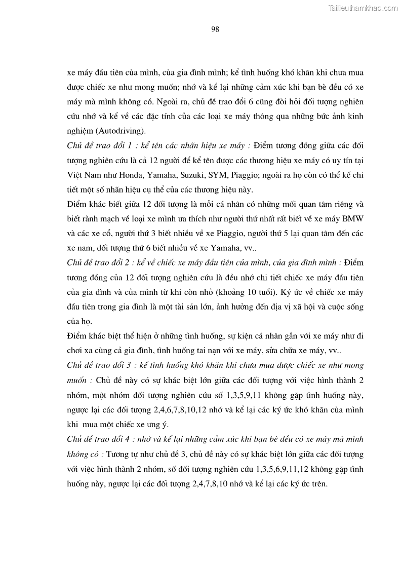 Luận án tiến sĩ kinh tế Phương pháp định tính trong nghiên cứu hành vi người tiêu dùng Việt Nam về sản phẩm xe máy - 18 Trang 103