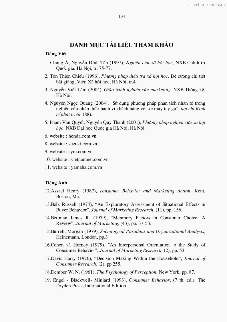 Luận án tiến sĩ kinh tế Phương pháp định tính trong nghiên cứu hành vi người tiêu dùng Việt Nam về sản phẩm xe máy - 34 Trang 199