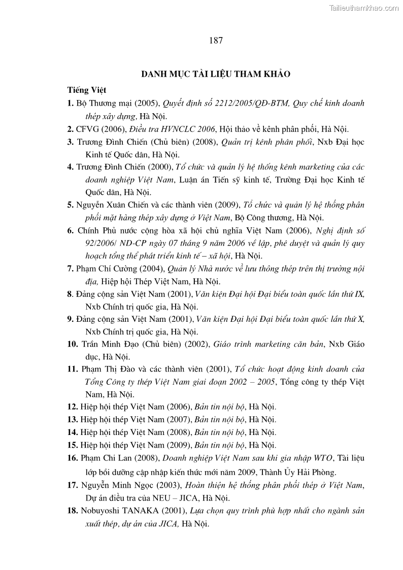 Luận án tiến sĩ kinh tế Quản trị kênh phân phối thép xây dựng của các doanh nghiệp sản xuất thép tại Việt Nam - 33 Trang 193