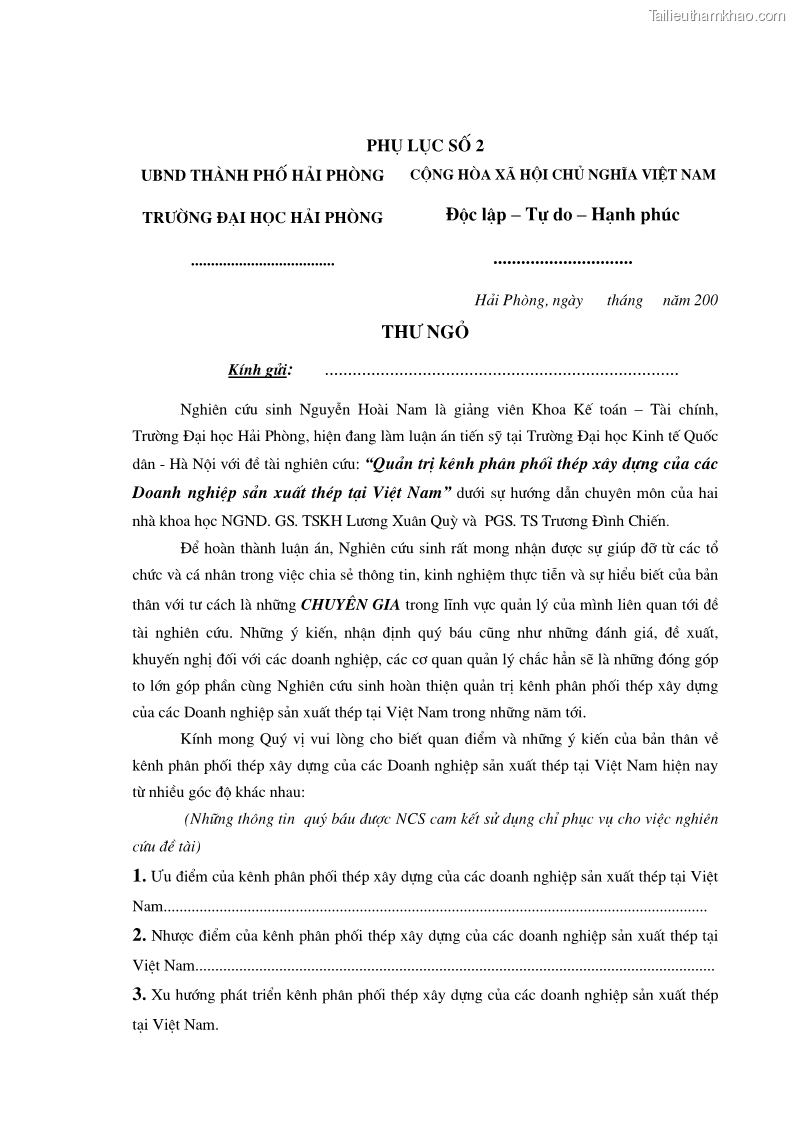 Luận án tiến sĩ kinh tế Quản trị kênh phân phối thép xây dựng của các doanh nghiệp sản xuất thép tại Việt Nam - 34 Trang 199