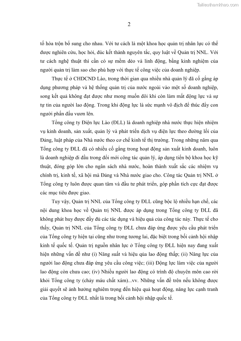 Luận án tiến sĩ kinh tế Quản trị nguồn nhân lực ở Tổng công ty Điện lực CHDCND Lào - Lý luận, thực tiễn và giải pháp - 2 Trang 7