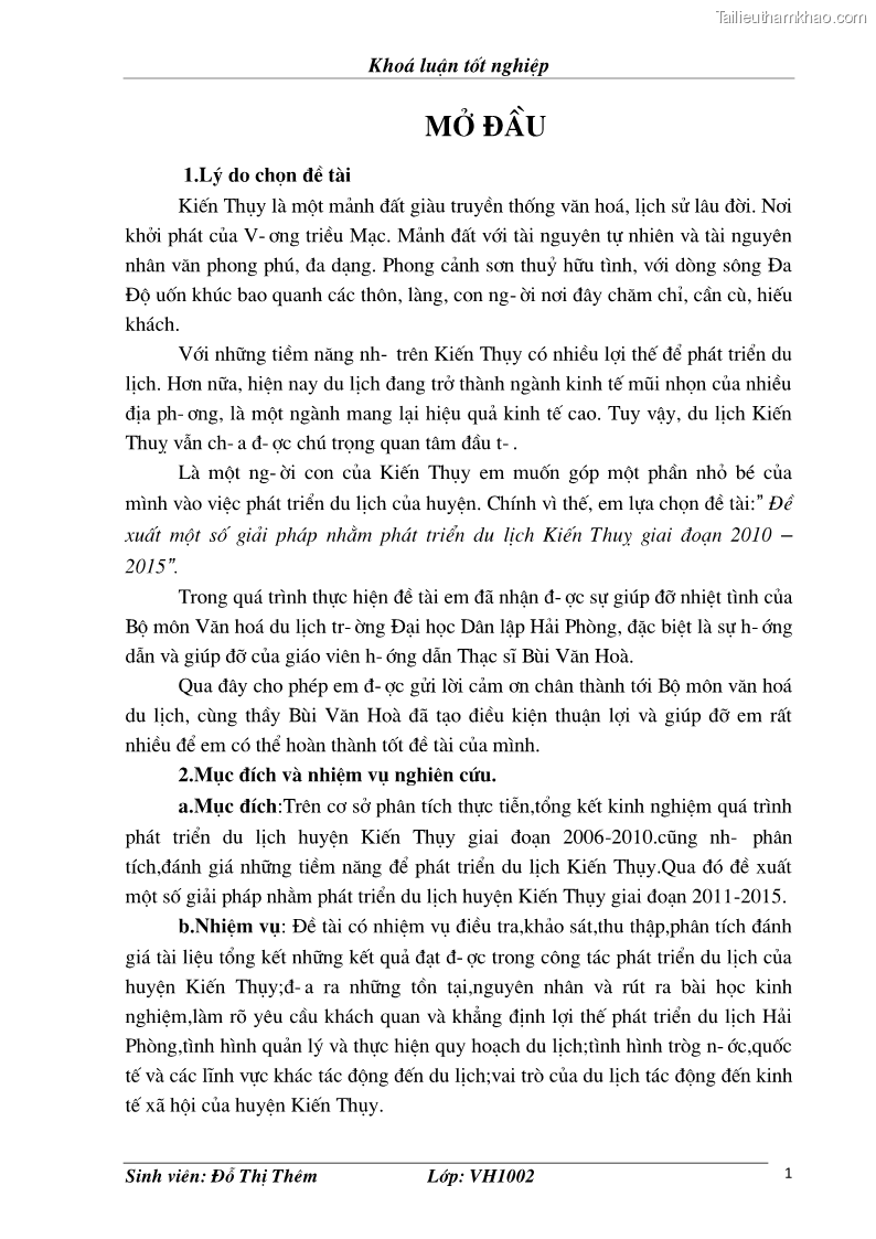 Khóa luận tốt nghiệp văn hóa du lịch Đề xuất một số giải pháp nhằm phát triển du lịch Kiến Thuỵ giai đoạn 2010 – 2015 - 1 Trang 1