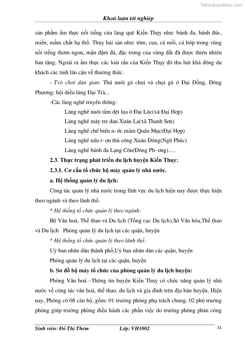 Khóa luận tốt nghiệp văn hóa du lịch Đề xuất một số giải pháp nhằm phát triển du lịch Kiến Thuỵ giai đoạn 2010 – 2015 - 6 Trang 31