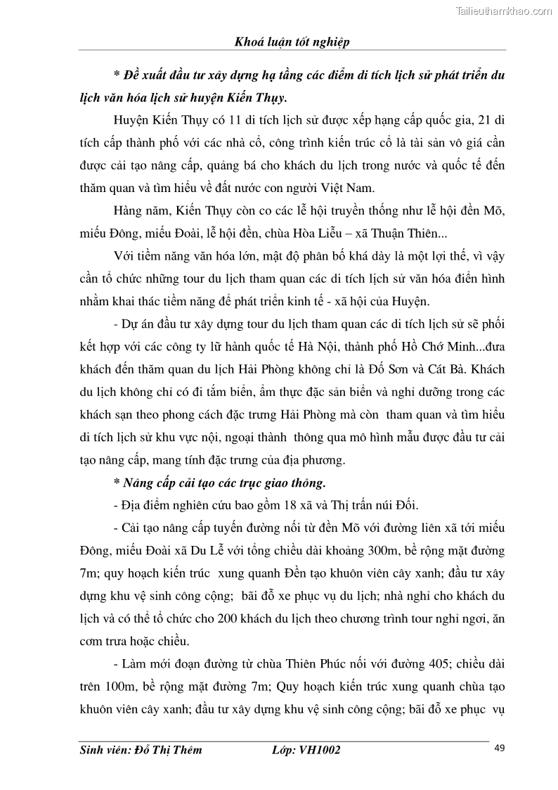 Khóa luận tốt nghiệp văn hóa du lịch Đề xuất một số giải pháp nhằm phát triển du lịch Kiến Thuỵ giai đoạn 2010 – 2015 - 9 Trang 49