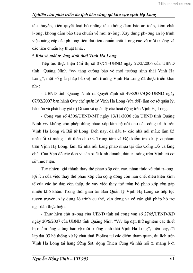 Khóa luận tốt nghiệp văn hóa du lịch Nghiên cứu phát triển du lịch bền vững tại khu vực vịnh Hạ Long - 11 Trang 61