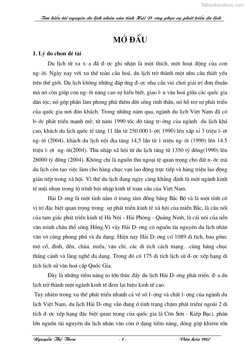 Khóa luận tốt nghiệp văn hóa du lịch Tìm hiểu tài nguyên du lịch nhân văn tỉnh Hải Dương phục vụ phát triển du lịch - 1 Trang 1