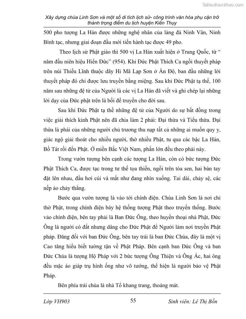 Khóa luận tốt nghiệp văn hóa du lịch Xây dựng chùa Linh Sơn và một số di tích lịch sử - công trình văn hóa phụ cận trở thành trọng điểm du lịch huyện Kiến Thụy - 10 Trang 55
