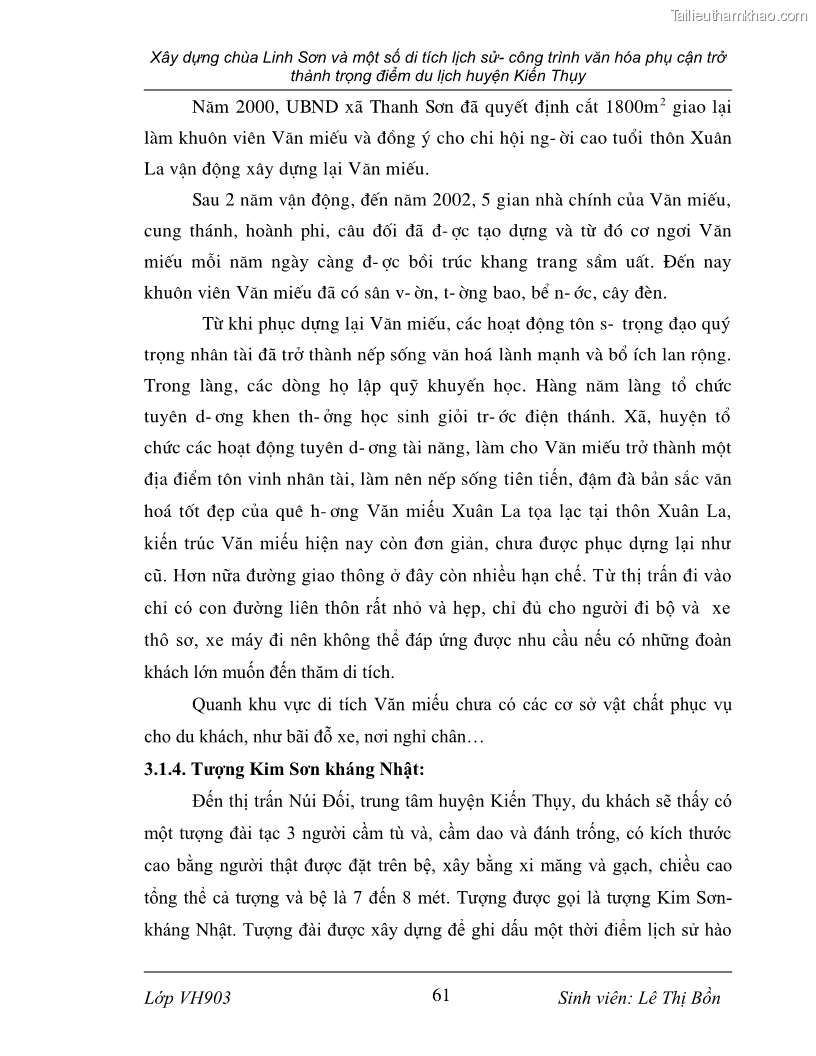 Khóa luận tốt nghiệp văn hóa du lịch Xây dựng chùa Linh Sơn và một số di tích lịch sử - công trình văn hóa phụ cận trở thành trọng điểm du lịch huyện Kiến Thụy - 11 Trang 61