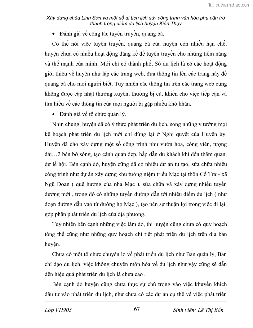 Khóa luận tốt nghiệp văn hóa du lịch Xây dựng chùa Linh Sơn và một số di tích lịch sử - công trình văn hóa phụ cận trở thành trọng điểm du lịch huyện Kiến Thụy - 12 Trang 67