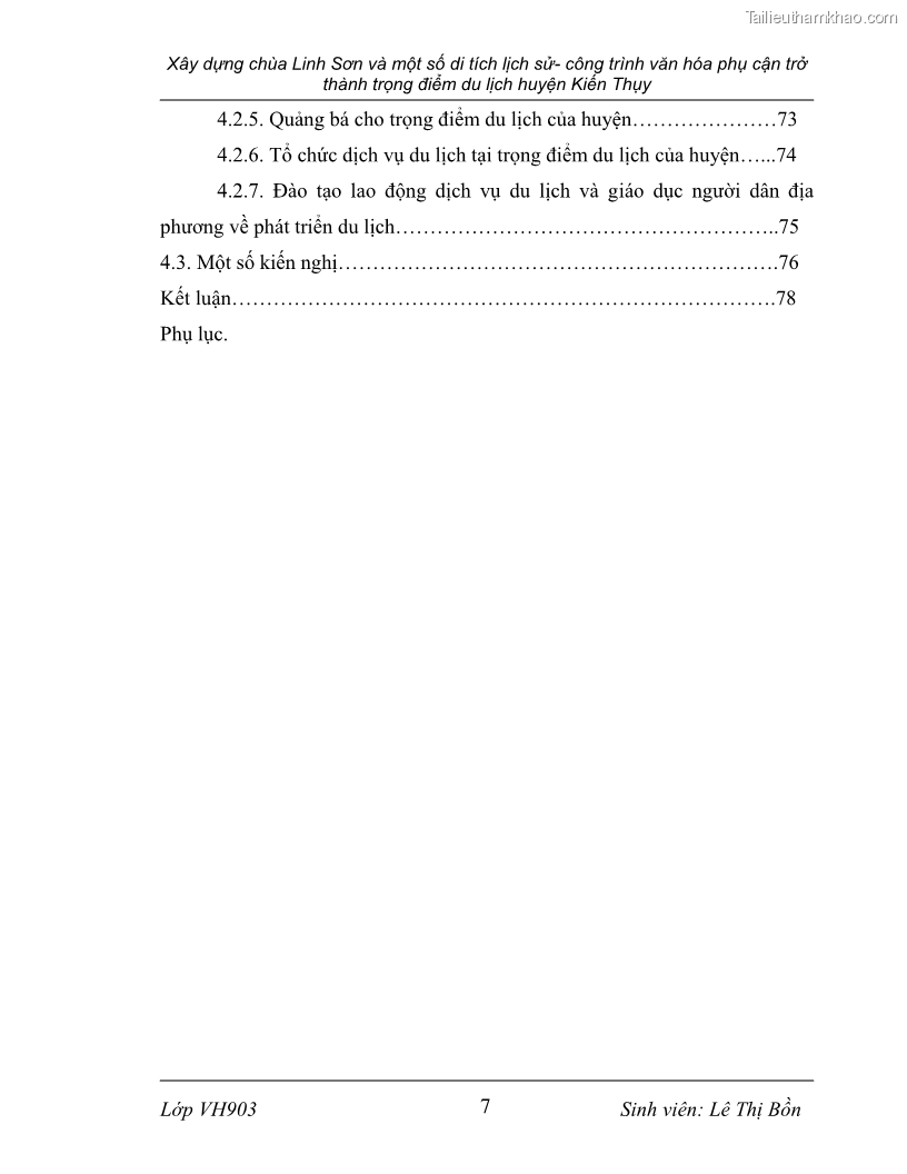 Khóa luận tốt nghiệp văn hóa du lịch Xây dựng chùa Linh Sơn và một số di tích lịch sử - công trình văn hóa phụ cận trở thành trọng điểm du lịch huyện Kiến Thụy - 2 Trang 7