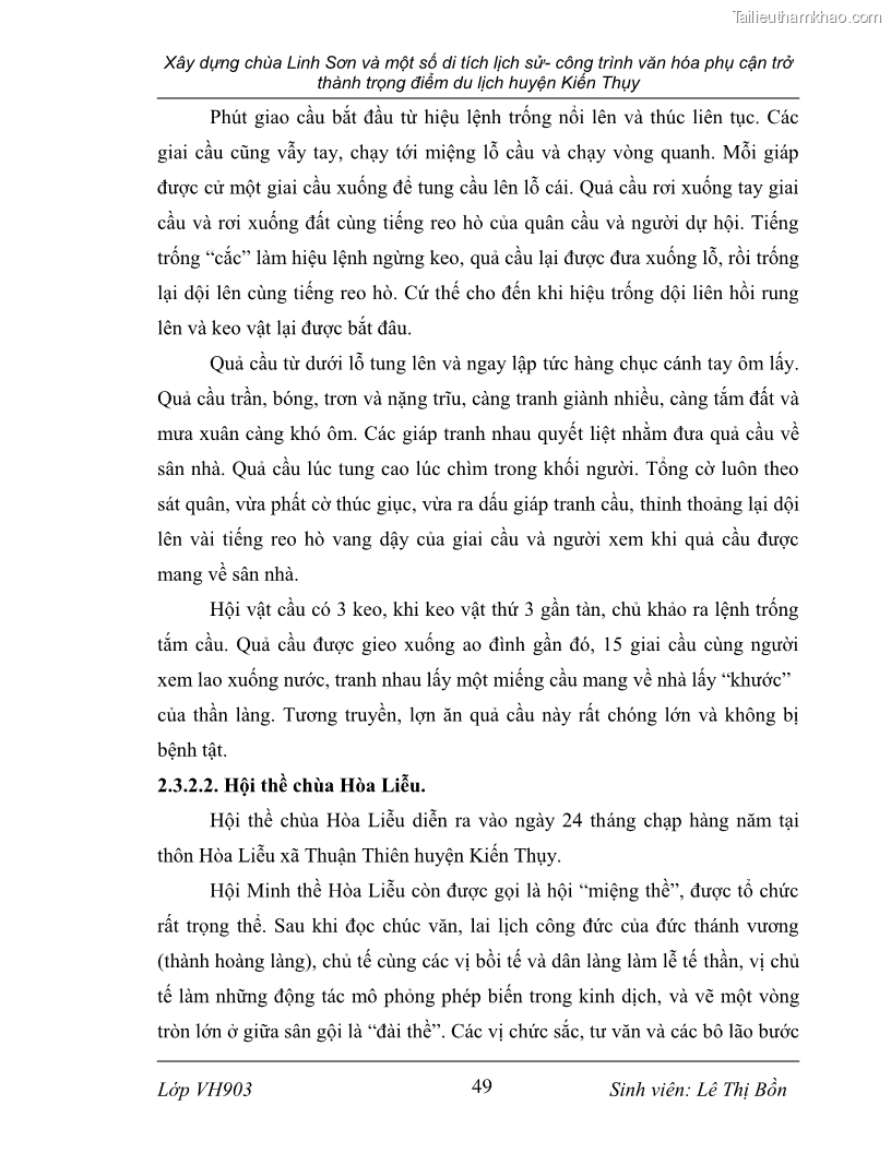 Khóa luận tốt nghiệp văn hóa du lịch Xây dựng chùa Linh Sơn và một số di tích lịch sử - công trình văn hóa phụ cận trở thành trọng điểm du lịch huyện Kiến Thụy - 9 Trang 49