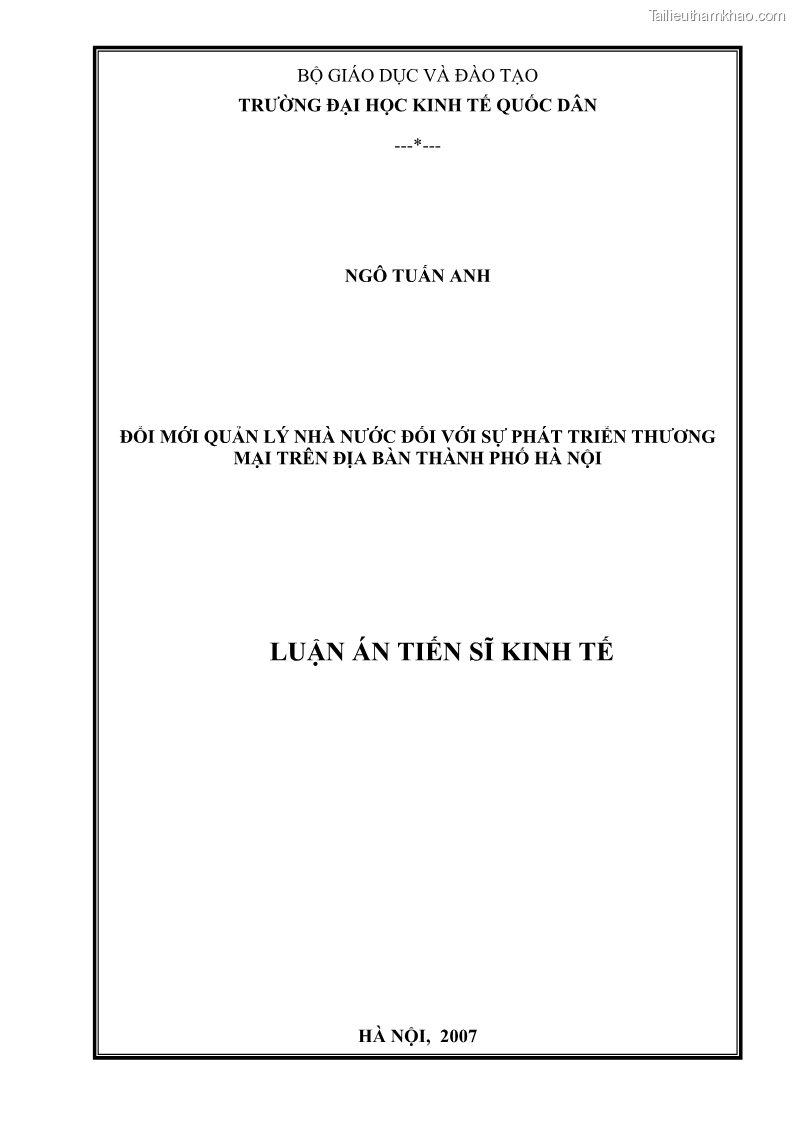 Luận án tiến sĩ kinh tế Đổi mới sự quản lý nhà nước đối với sự phát triển thương mại trên địa bàn thành phố Hà Nội - 1 Trang 1
