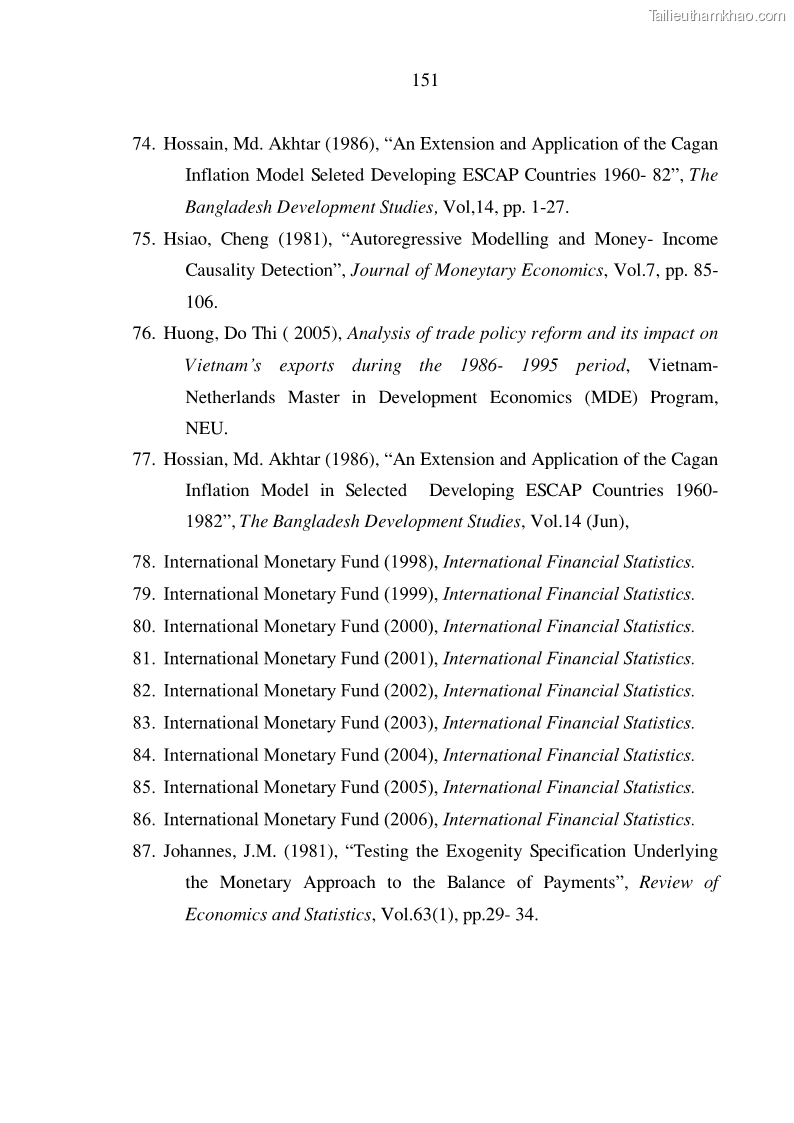 Luận án tiến sĩ kinh tế Phân tích định lượng về tác động của chính sách tiền tệ tới một số nhân tố vĩ mô của Việt Nam trong thời kì đổi mới - 27 Trang 157