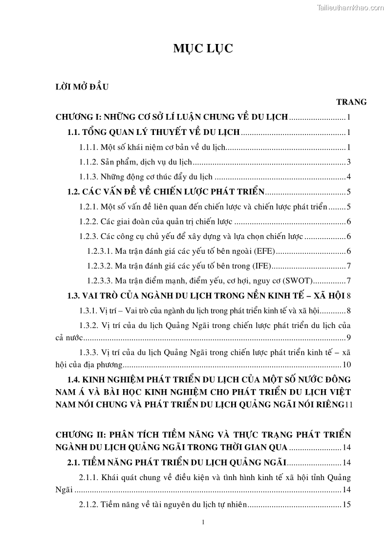 Luận văn thạc sĩ Định hướng chiến lược phát triển ngành du lịch Quảng Ngãi đến năm 2010 - 1 Trang 1