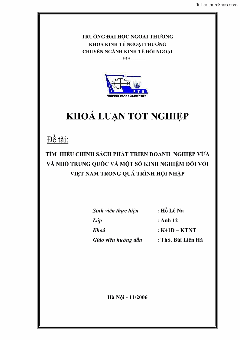 Khóa luận tốt nghiệp Tìm hiểu chính sách phát triển doanh nghiệp vừa và nhỏ Trung Quốc và một số kinh nghiệp đối với Việt Nam trong tiến trình hội nhập - 1 Trang 1