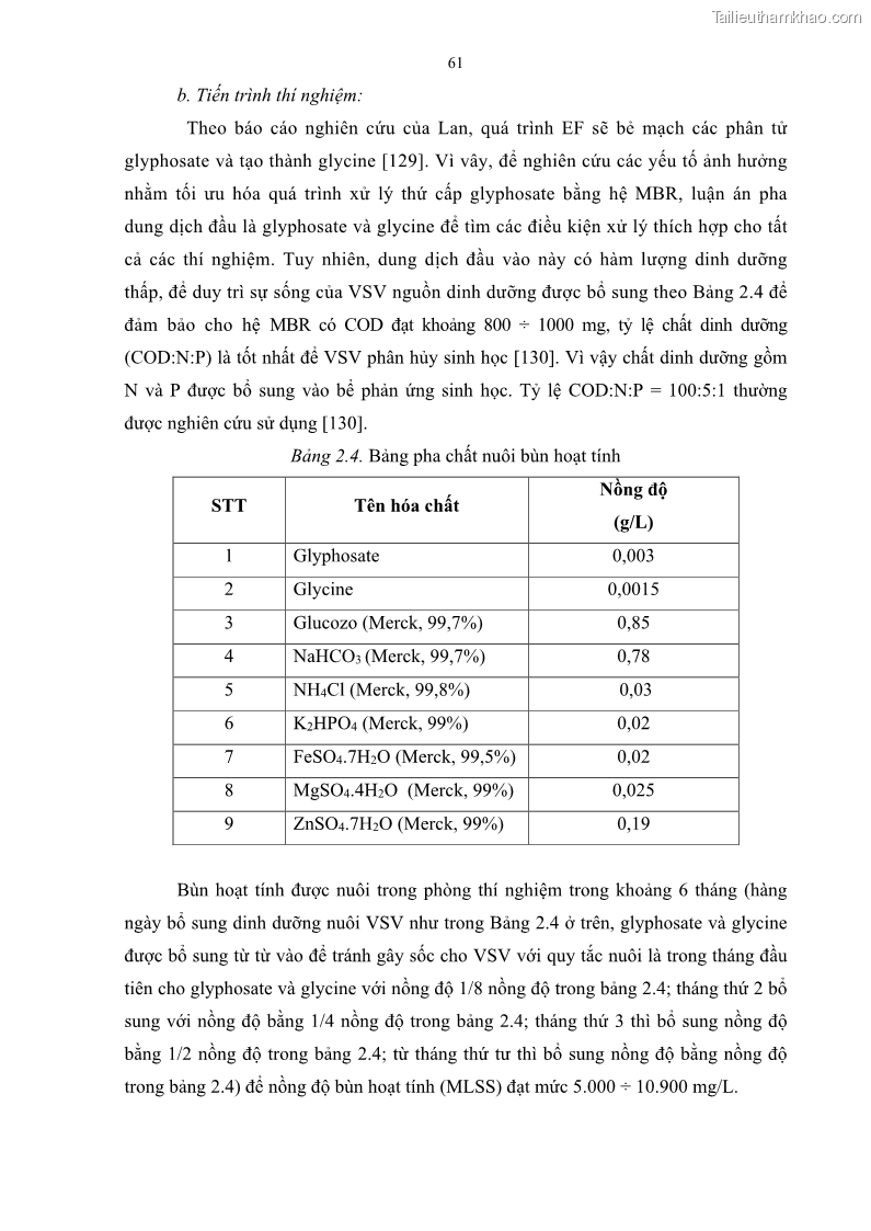 Luận án tiến sĩ kỹ thuật môi trường Nghiên cứu xử lý hóa chất bảo vệ thực vật glyphosate trong nước bằng quá trình oxy hóa điện hóa kết hợp với thiết bị phản ứng sinh học – màng MBR - 13 Trang 73