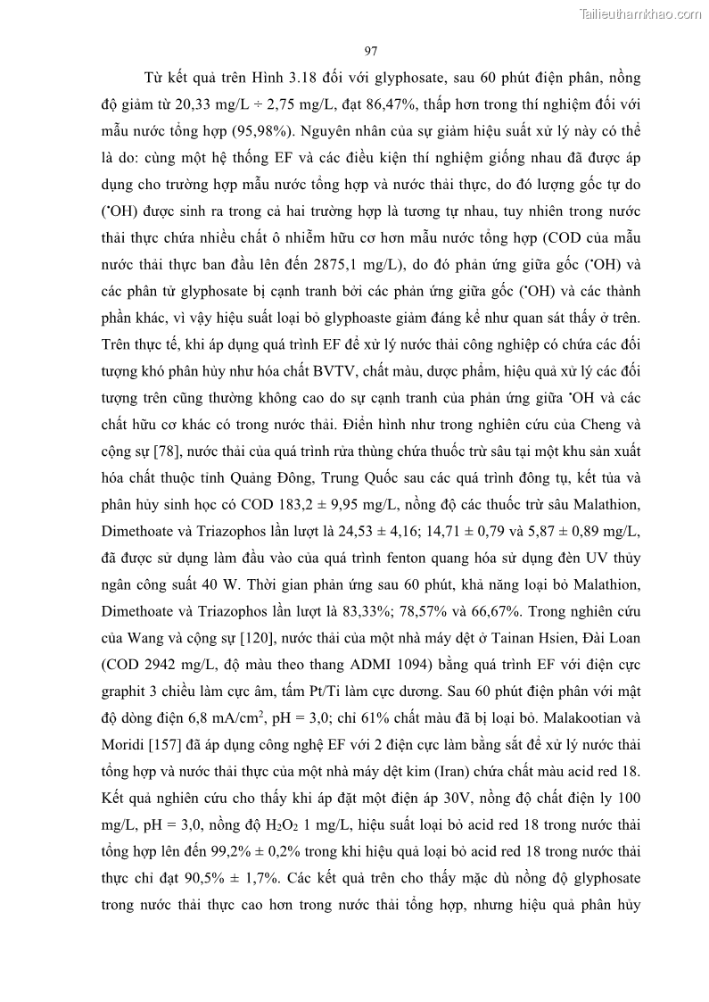 Luận án tiến sĩ kỹ thuật môi trường Nghiên cứu xử lý hóa chất bảo vệ thực vật glyphosate trong nước bằng quá trình oxy hóa điện hóa kết hợp với thiết bị phản ứng sinh học – màng MBR - 19 Trang 109