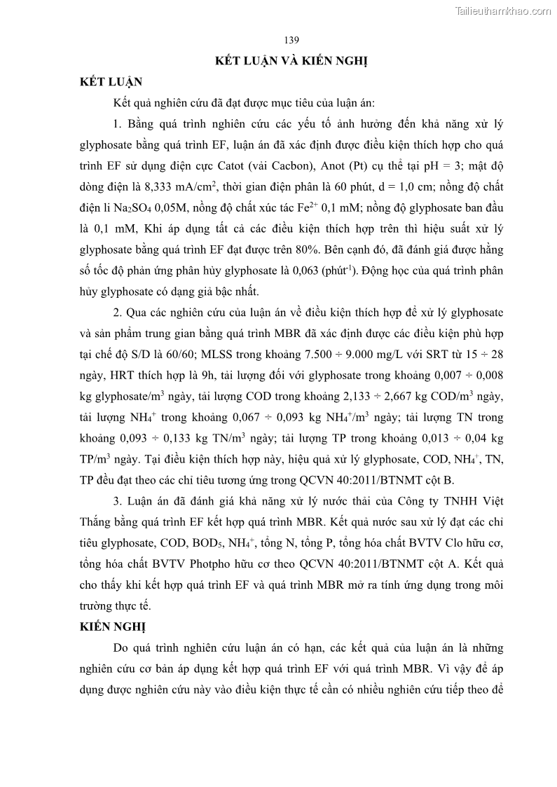 Luận án tiến sĩ kỹ thuật môi trường Nghiên cứu xử lý hóa chất bảo vệ thực vật glyphosate trong nước bằng quá trình oxy hóa điện hóa kết hợp với thiết bị phản ứng sinh học – màng MBR - 26 Trang 151